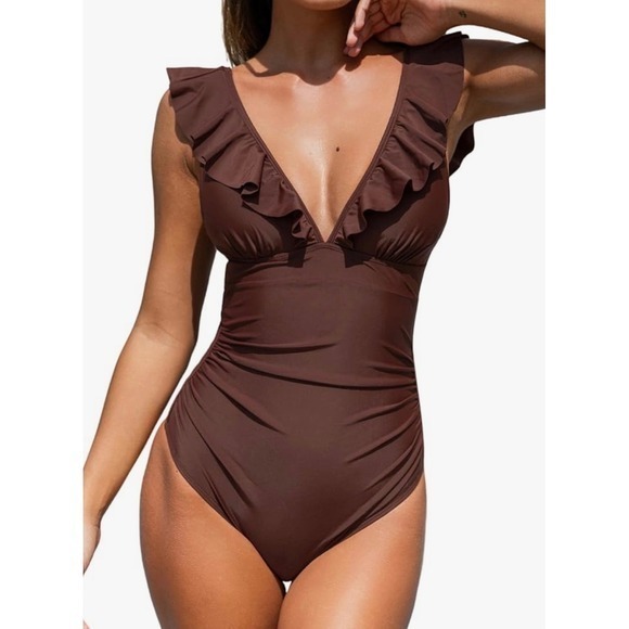 NEW Cupshe Brown Ruffle Large Lace Up Back Tummy Control One Piece Swimsuit - Picture 3 of 10